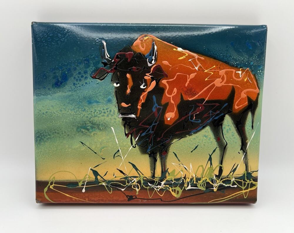Hand Painted Buffalo Bison at Sunset Metal Wall Art 10” x 8” Signed Folk Art
